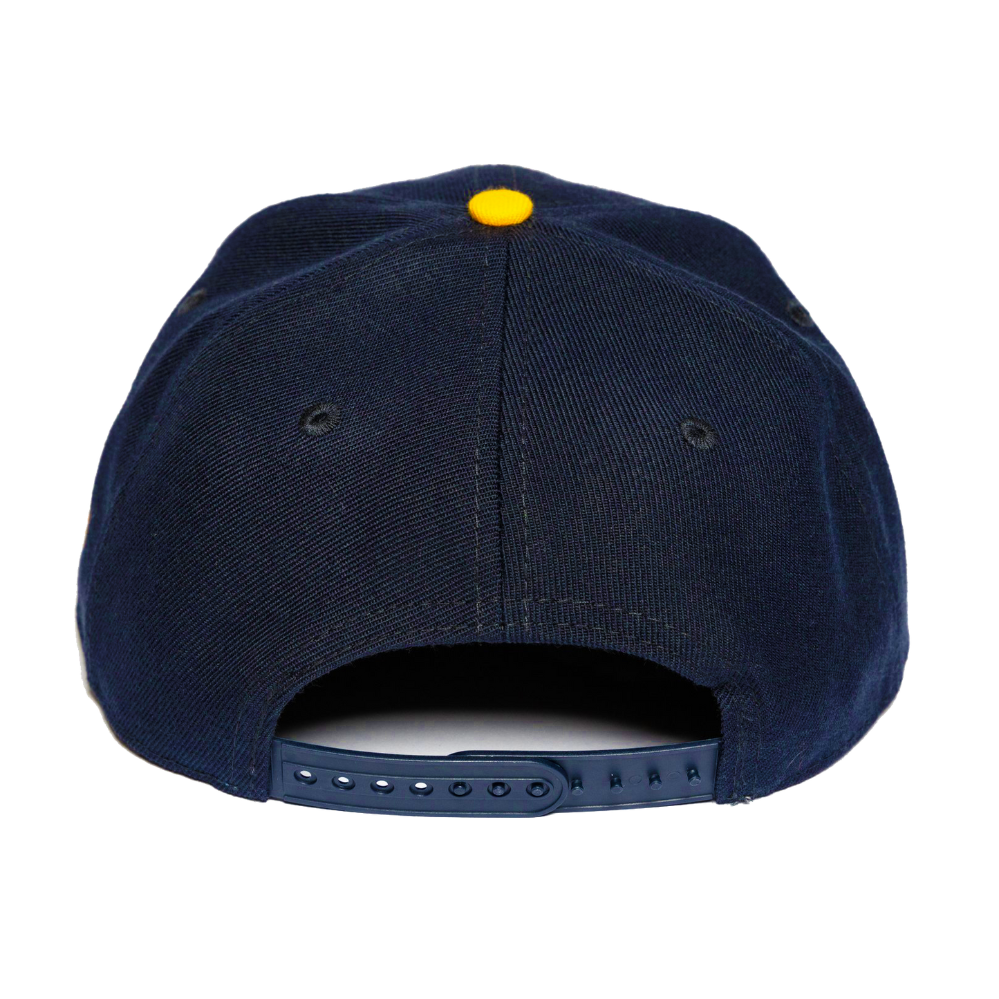 Back view of navy blue snapback hat with adjustable strap and yellow button detail.