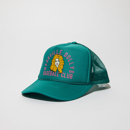 Angled view of Dolly Parton face logo Nashville Dollys Baseball Club retro trucker hat in seafoam teal green with mesh back and rope detai