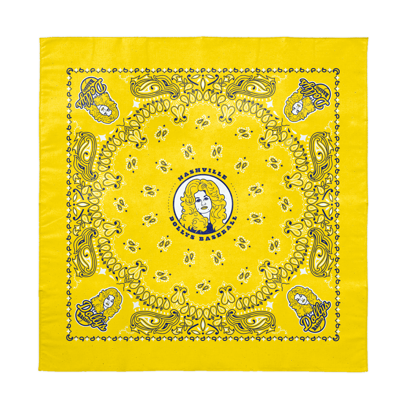 Yellow Nashville Dollys Baseball Club bandana featuring paisley patterns and Dolly Parton’s face logo in the center.
