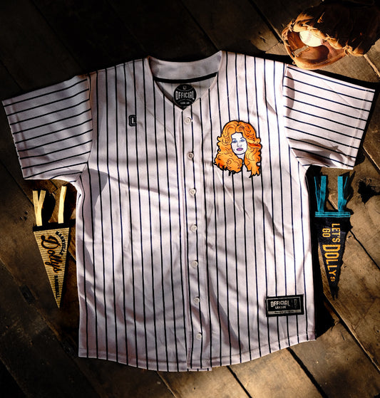 Front of Nashville-inspired jersey with Dolly Parton logo and classic pinstripe design, fully embroidered.