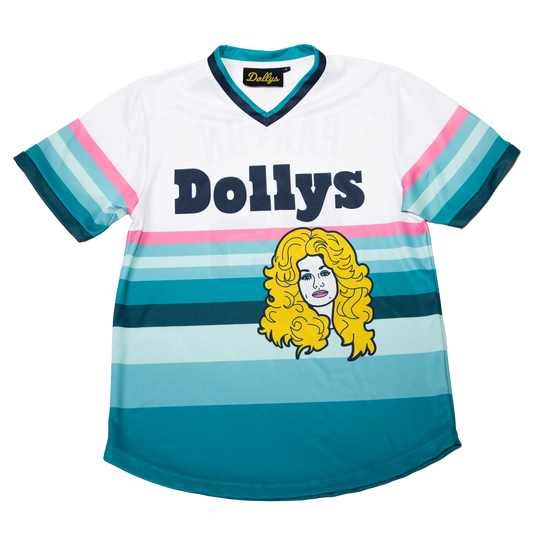 Front view of the Retro 'Sunset' Jersey with Dolly Parton logo in striped teal, pink, and white design.