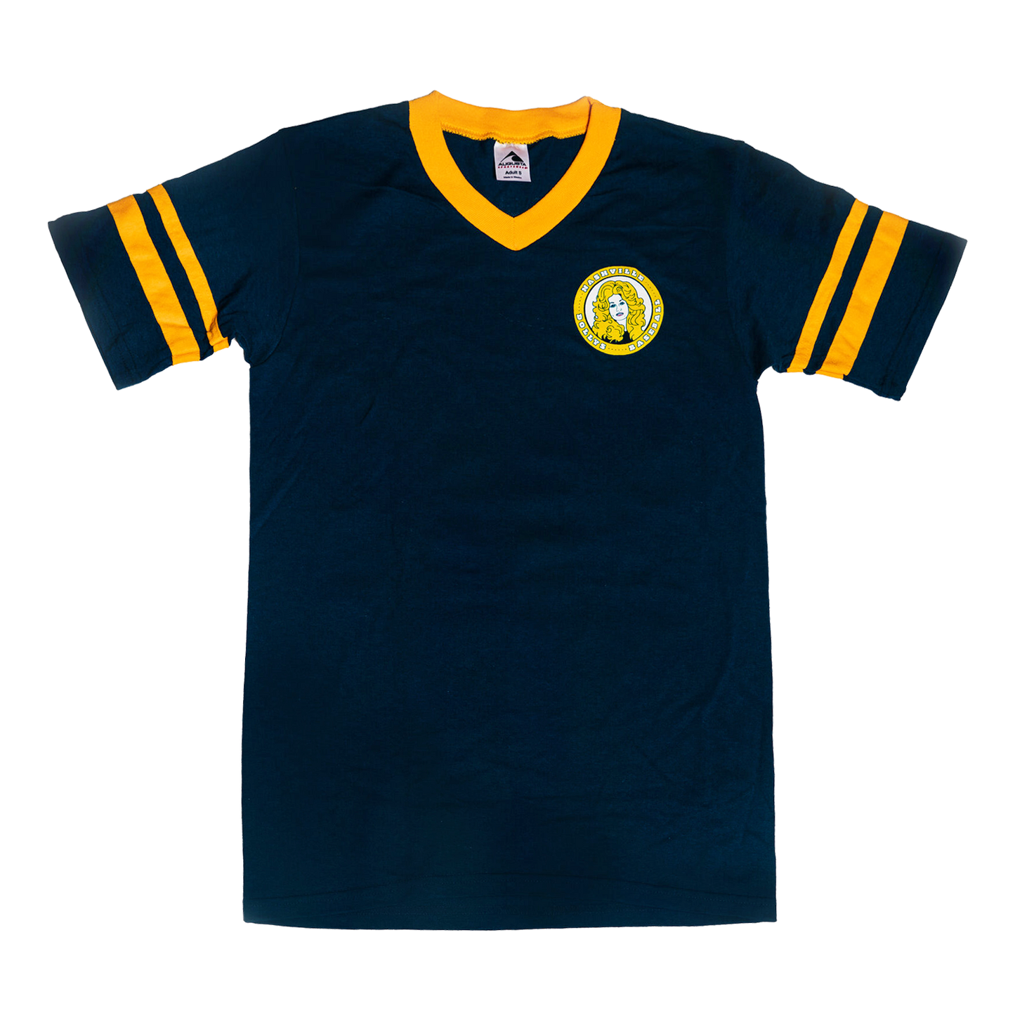 Front view of Gameday Tee with Dolly Parton logo and yellow striped sleeves.