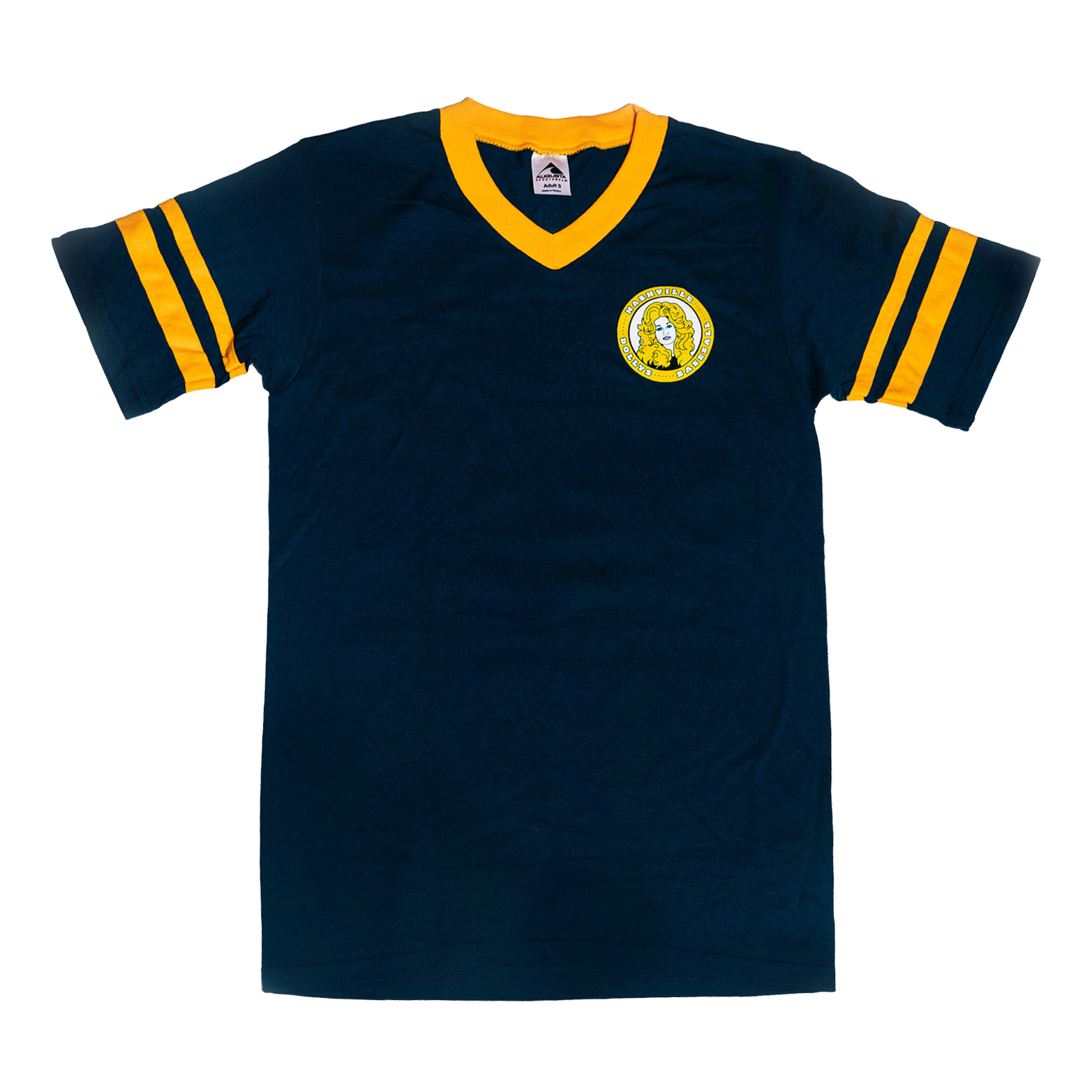 Front view of Gameday Tee with Dolly Parton logo and yellow striped sleeves.