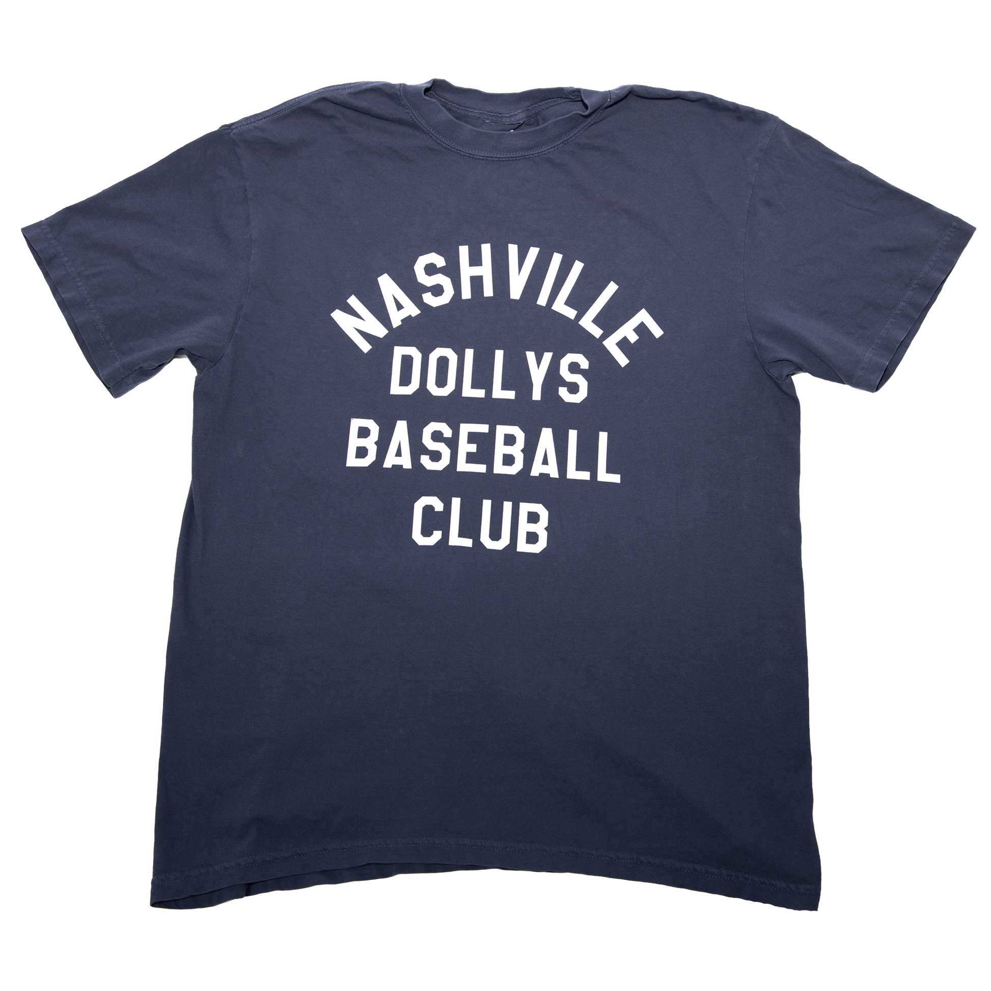 Navy t-shirt with 'Nashville Dollys Baseball Club' printed in white block letters on the front.