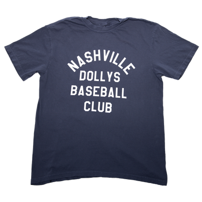 Navy t-shirt with 'Nashville Dollys Baseball Club' printed in white block letters on the front.